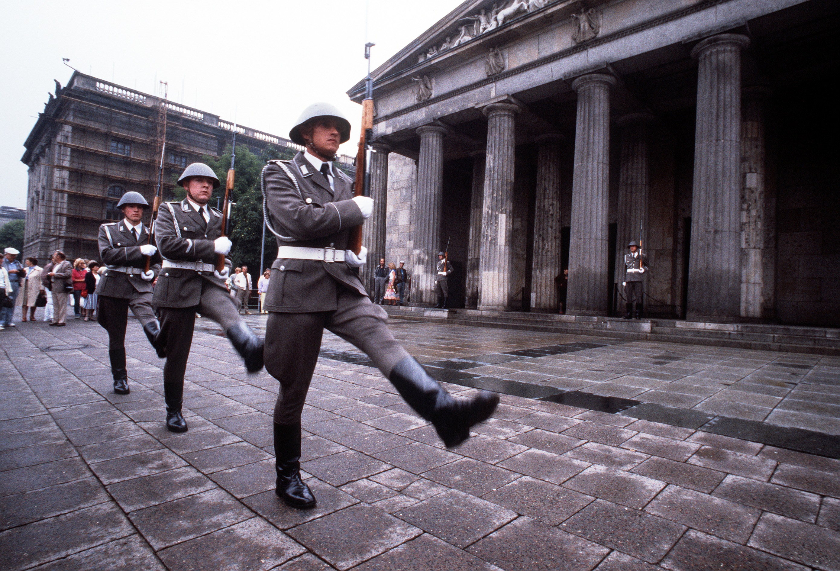 Nationale Volksarmee honor guards perform the Stechschritt outside the Neue Wache in East Berlin.